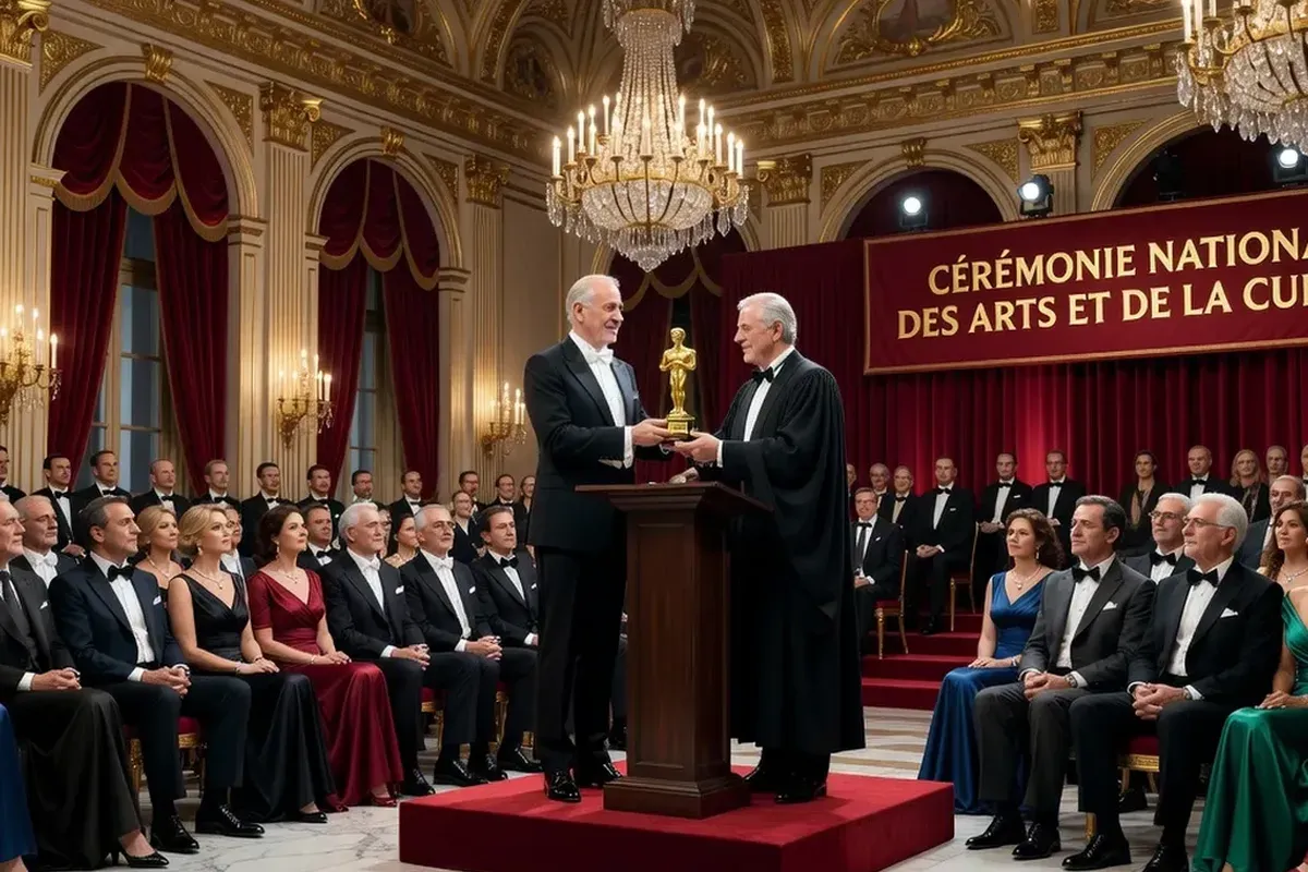 Cérémonie de remise de prix culturel dans une grande salle dorée, audience en tenue de soirée