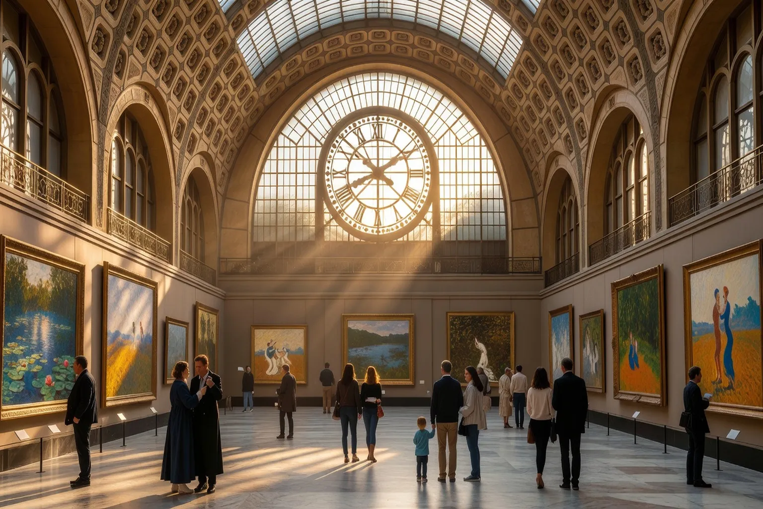 Intérieur du Musée d'Orsay — nef centrale avec horloge, visiteurs et peintures impressionnistes