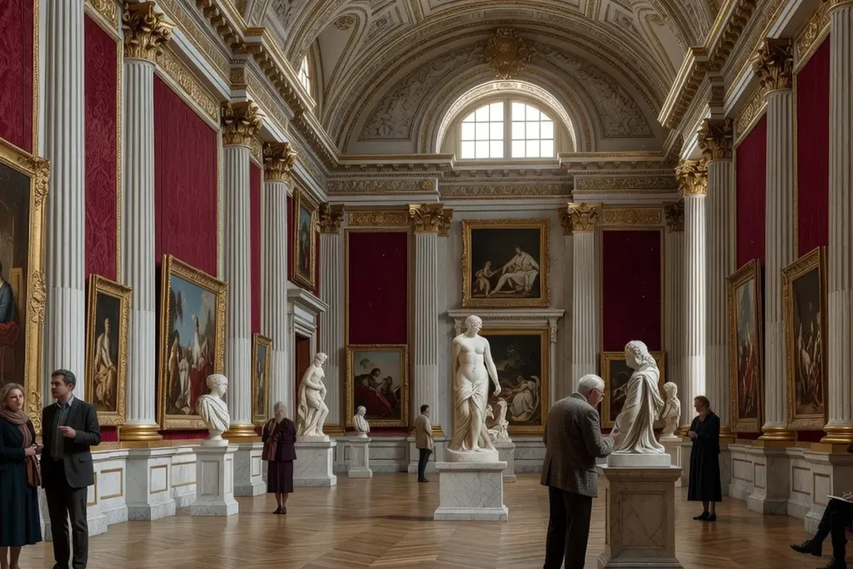 Salle de musée avec tableaux anciens, lumière naturelle traversant de hautes fenêtres