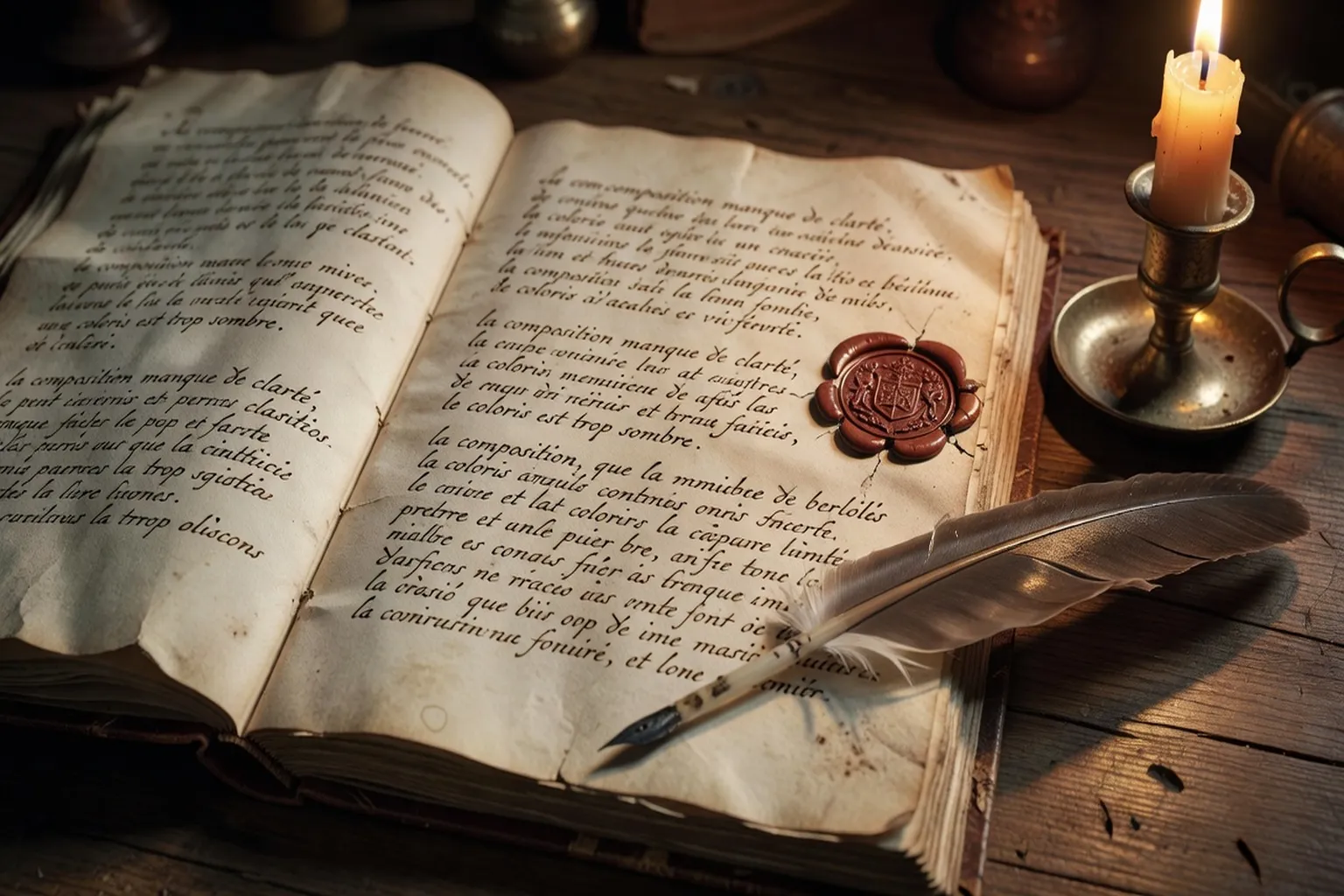 Pages de manuscrit ancien avec annotations sur la critique d'art, plume et encre