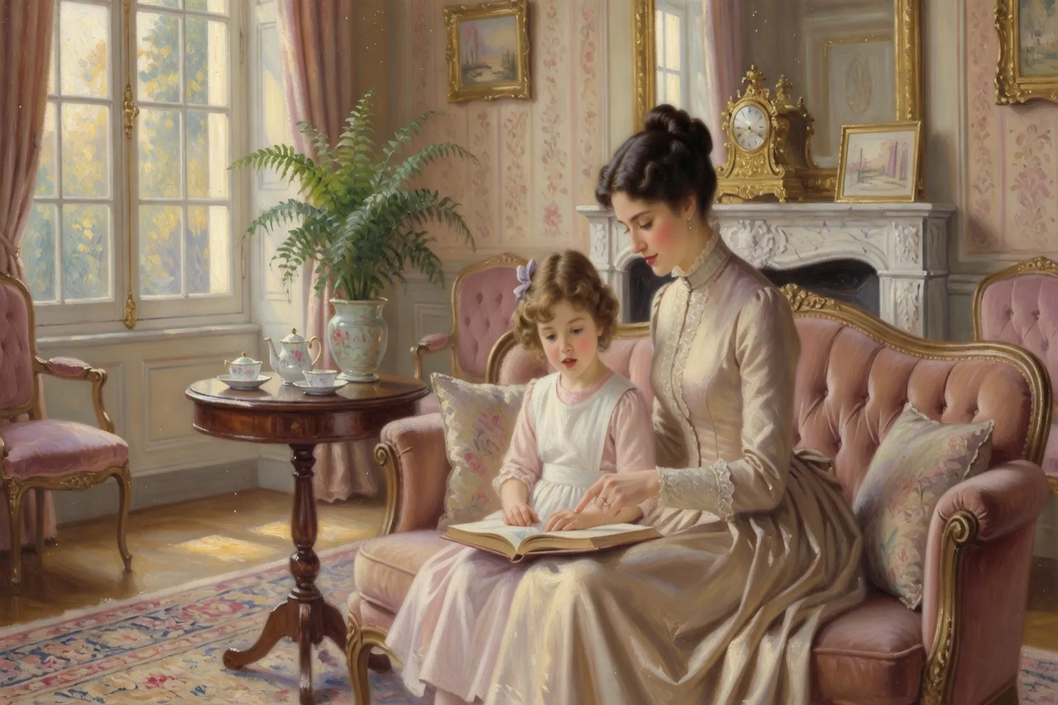 Intérieur bourgeois XIXe siècle, femme peignant au pastel, style impressionniste