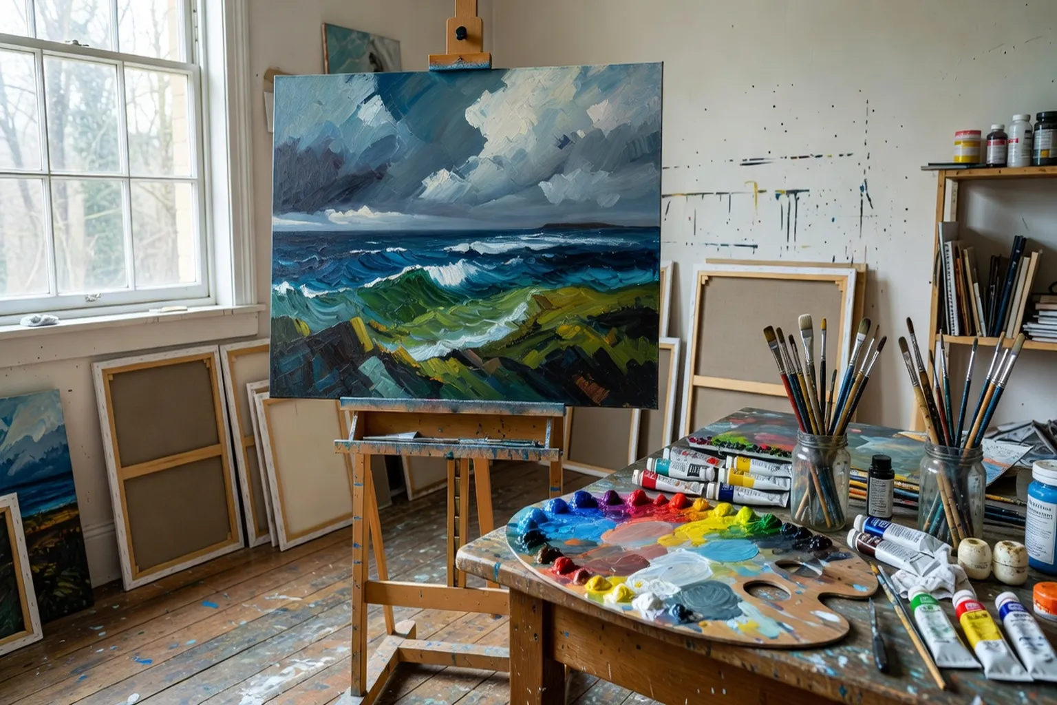 Atelier de peinture lumineux avec chevalet et palette, lumière naturelle du nord