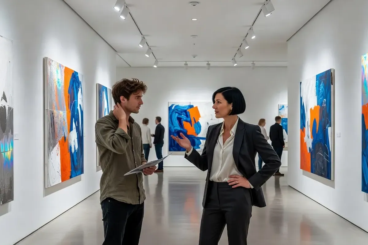 Galerie d'art contemporain avec œuvres abstraites, commissaire d'exposition en discussion