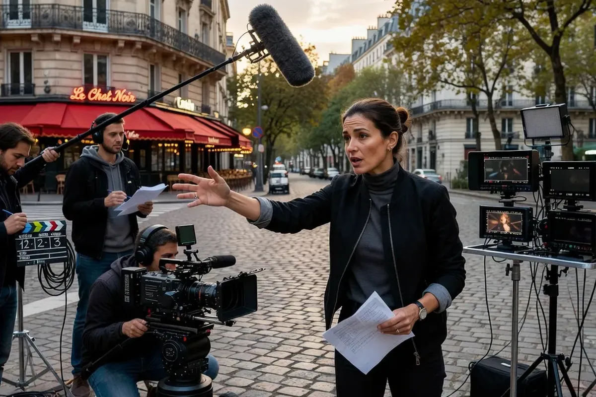 Équipe de tournage avec réalisatrice donnant des instructions aux acteurs