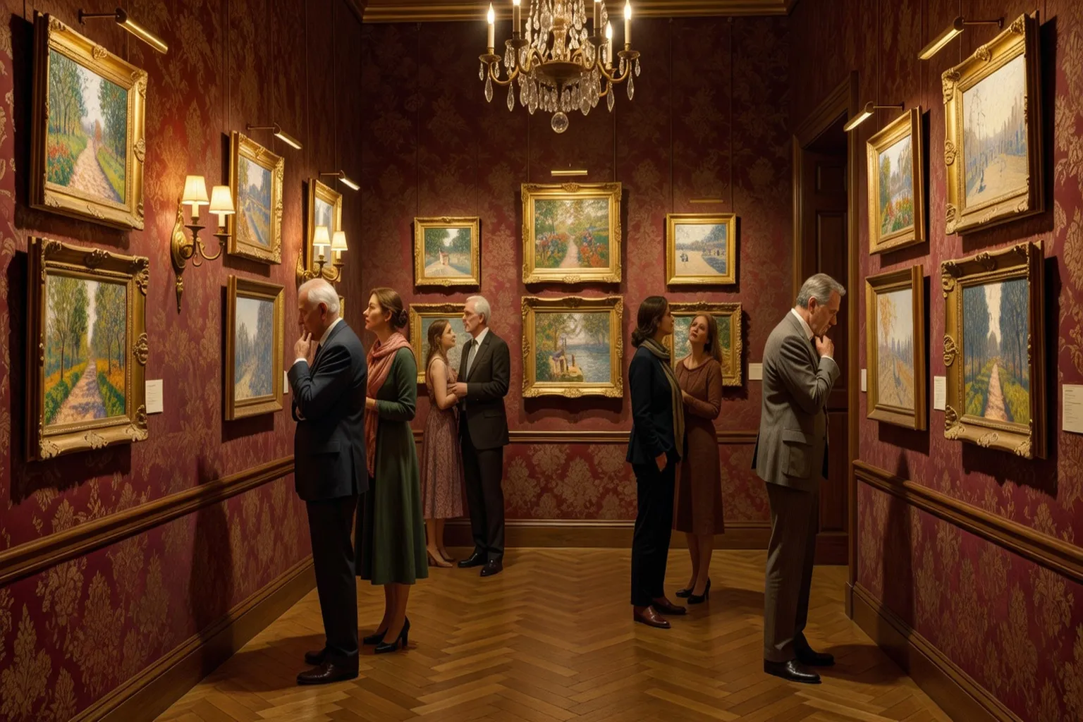 Galerie de musée avec peintures impressionnistes dans un décor de demeure bourgeoise