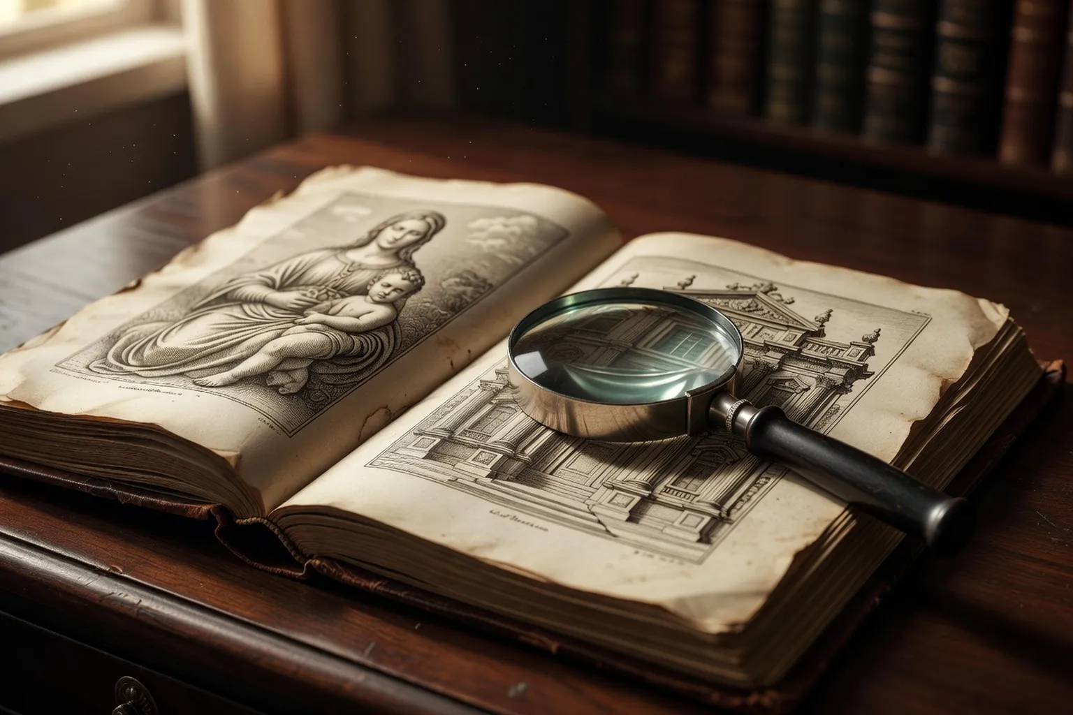 Dictionnaire d'art illustré ouvert avec loupe, gravures en détail, tons chauds et vintage