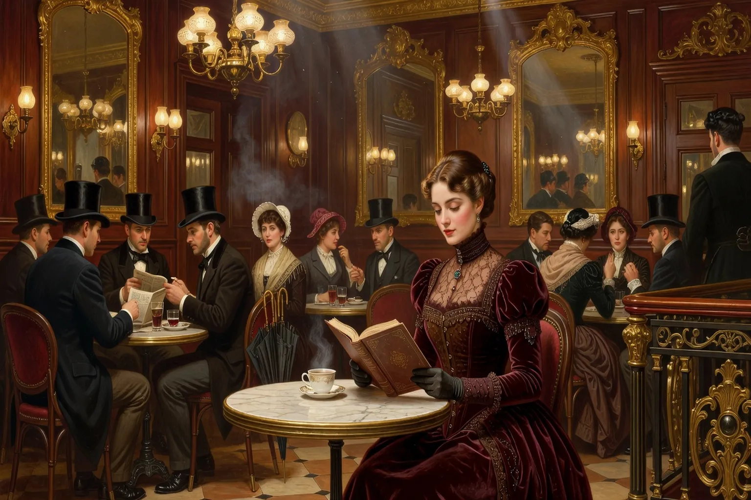 Scène de café parisien 1880, dame victorienne lisant, ambiance lumière à gaz