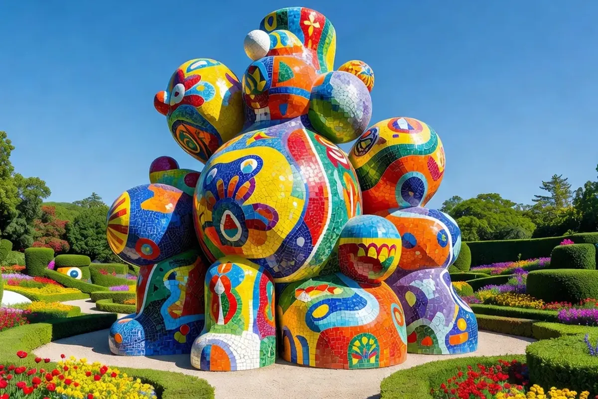 Sculpture monumentale colorée de femme dans un jardin méditerranéen ensoleillé