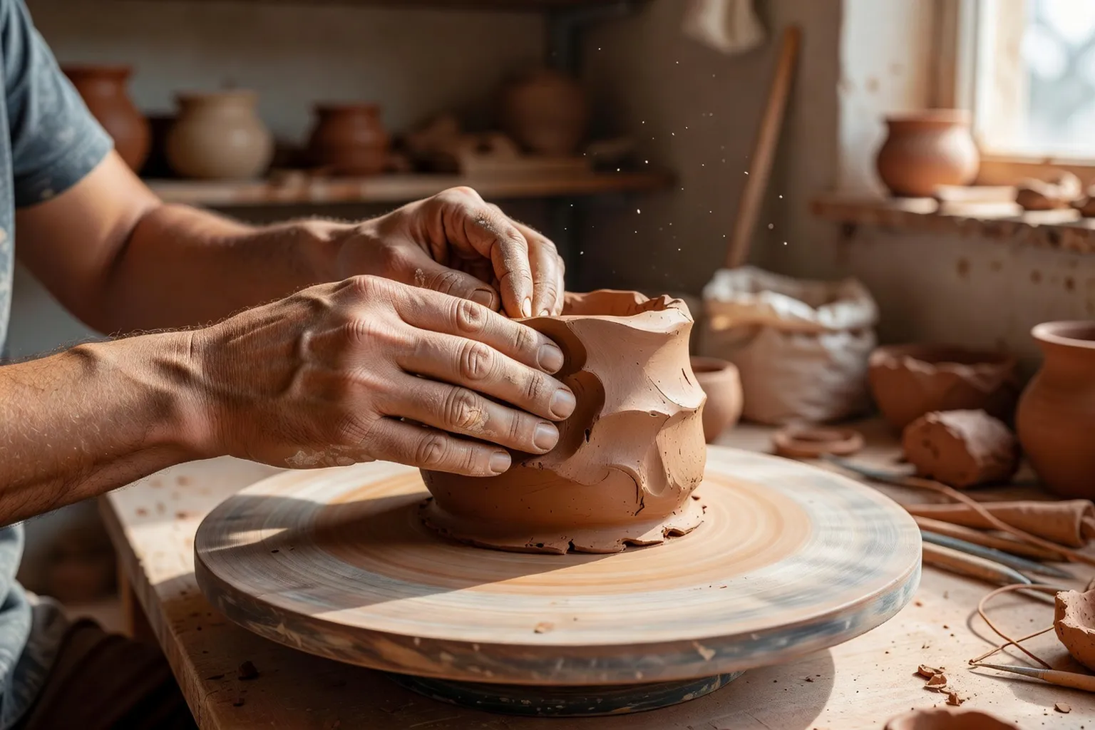 Mains d'artiste façonnant une sculpture en argile sur un tour de potier