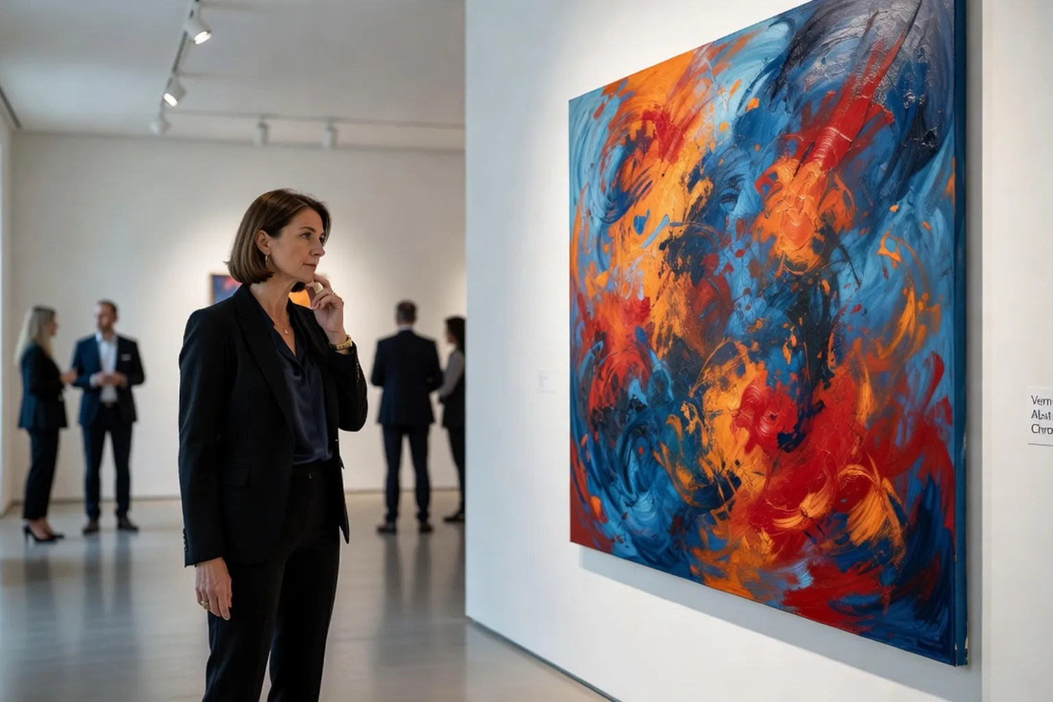 Vernissage d'art contemporain, femme regardant une œuvre abstraite, lumière de galerie
