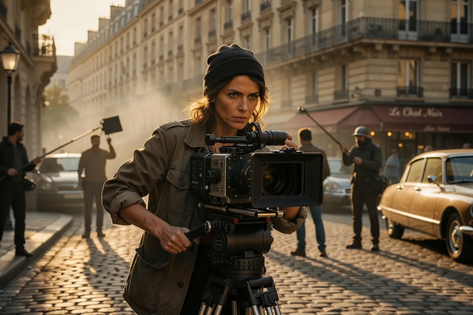 Réalisatrice française derrière une caméra de cinéma, lumière de plateau