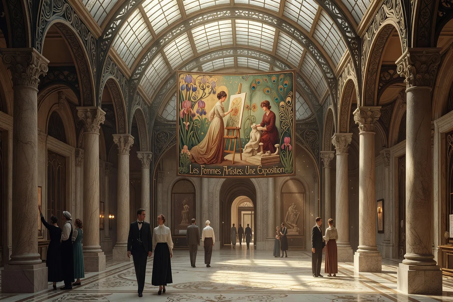 Entrée d'un grand musée Art Nouveau avec affiche d'exposition femmes artistes