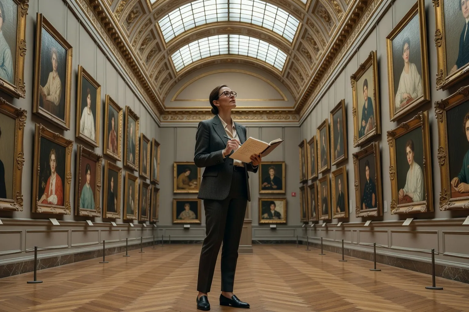 Grande salle de musée avec tableaux de femmes peintres, conservatrice en silhouette