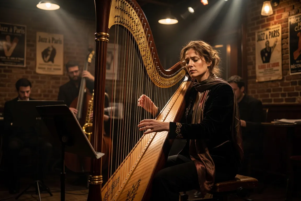 Isabelle Olivier, harpiste française et compositrice, avec sa harpe à pédalier