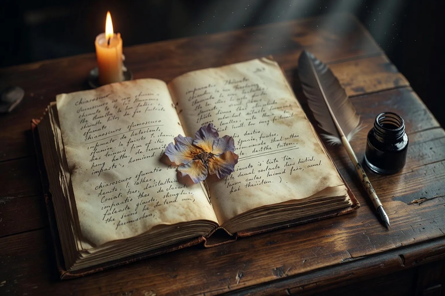 Livre ancien ouvert avec annotations manuscrites en termes d'art, plume et encrier