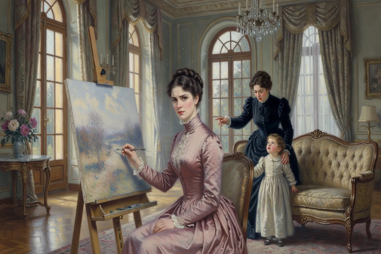 Intérieur bourgeois XIXe siècle, femme peignant au pastel, style impressionniste
