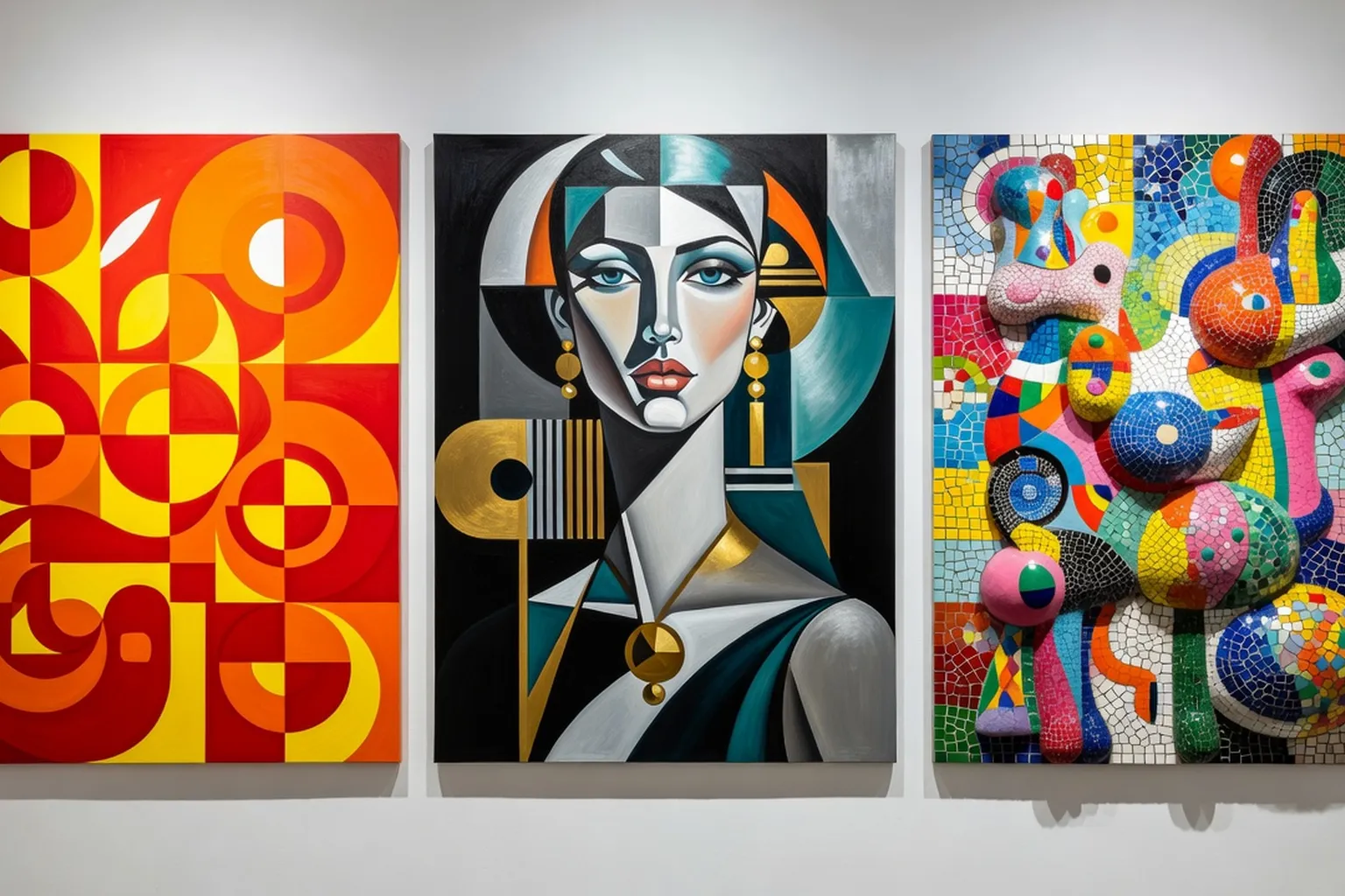 Atelier d'artiste avec toiles colorées abstraites géométriques, palette vive