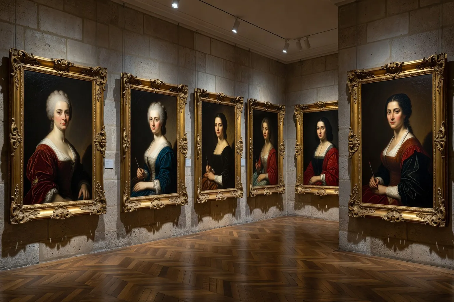 Galerie d'art classique française avec portraits de femmes artistes sur des murs en pierre