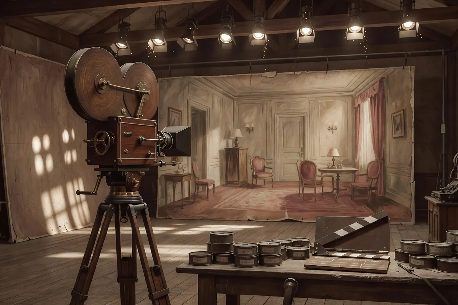 Studio de cinéma des années 1900 avec caméra sur trépied et bobines de film