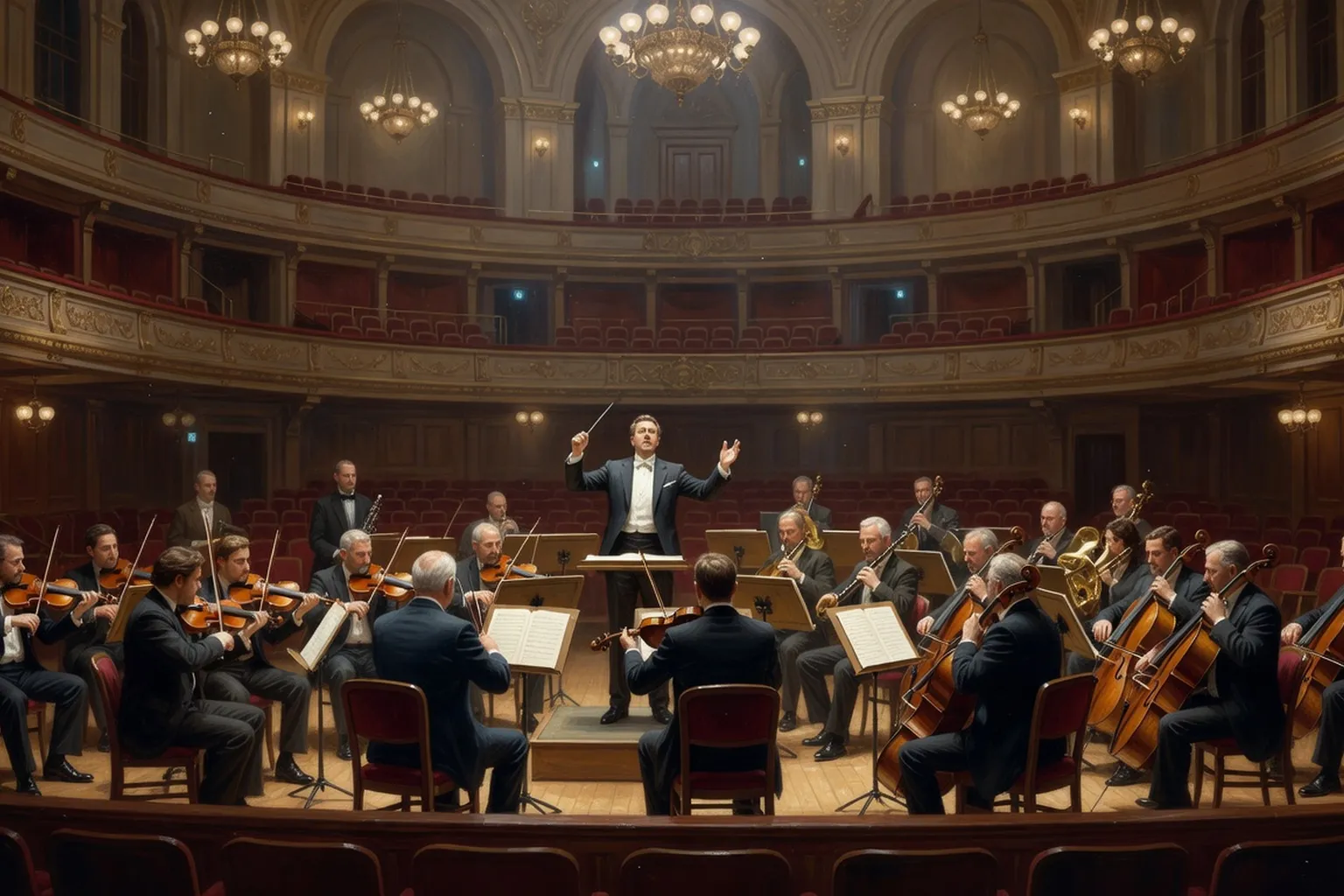 Répétition orchestrale à Boston à la fin du XIXe siècle avec musiciens et chef d'orchestre