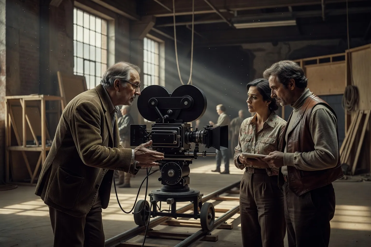 Tournage de film d'auteur européen dans les années 1970 avec caméra 16 mm sur dolly