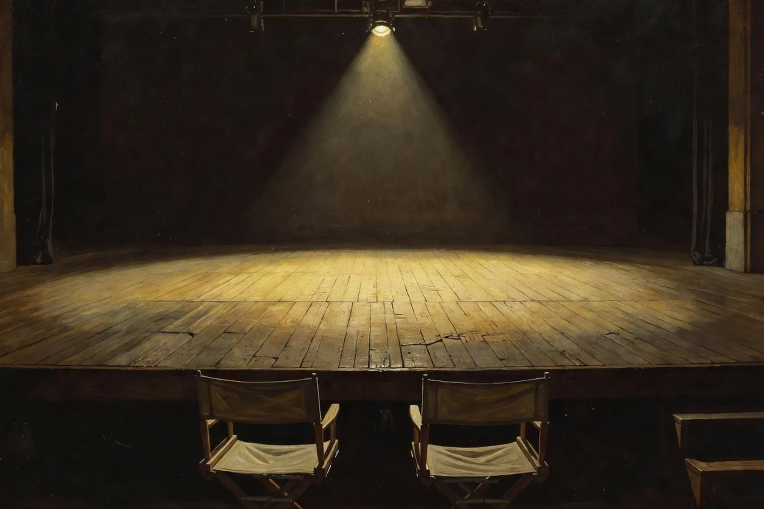 Scène de théâtre français dans les années 1970 lors d'une répétition sous un seul projecteur