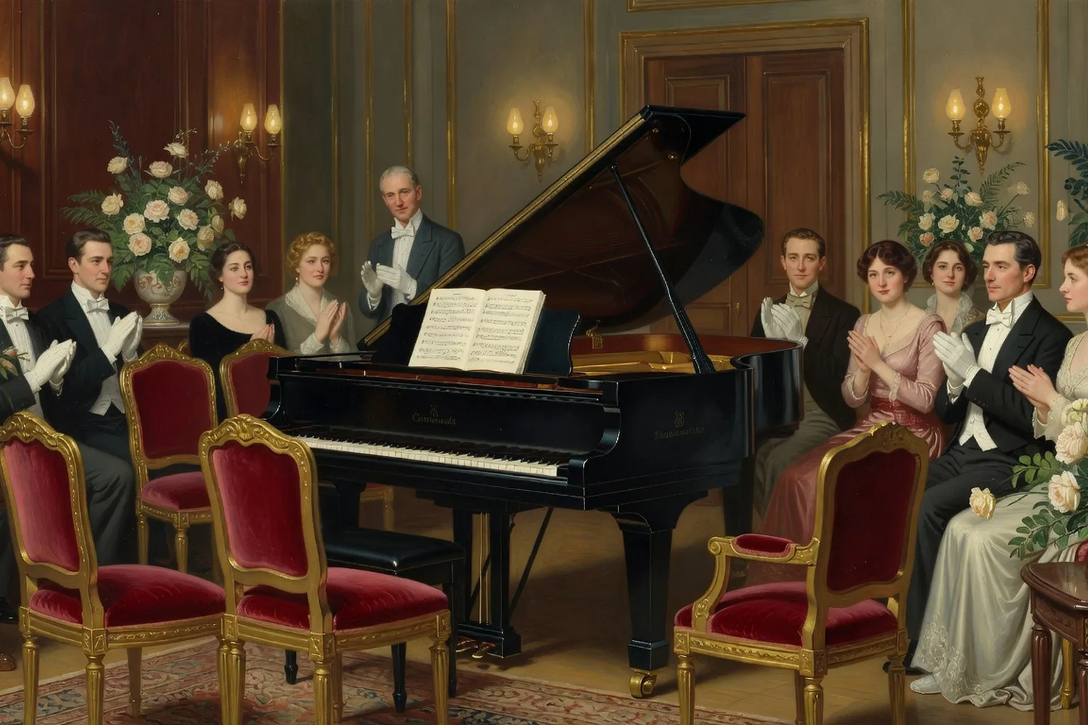Salon de concert Belle Époque avec piano Steinway dans une salle de récital intime