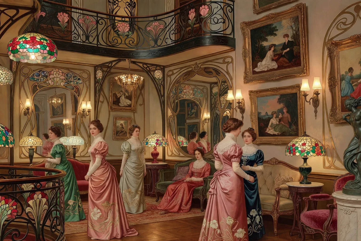 Salon Art Nouveau parisien de 1900 avec femmes artistes parmi peintures et sculptures
