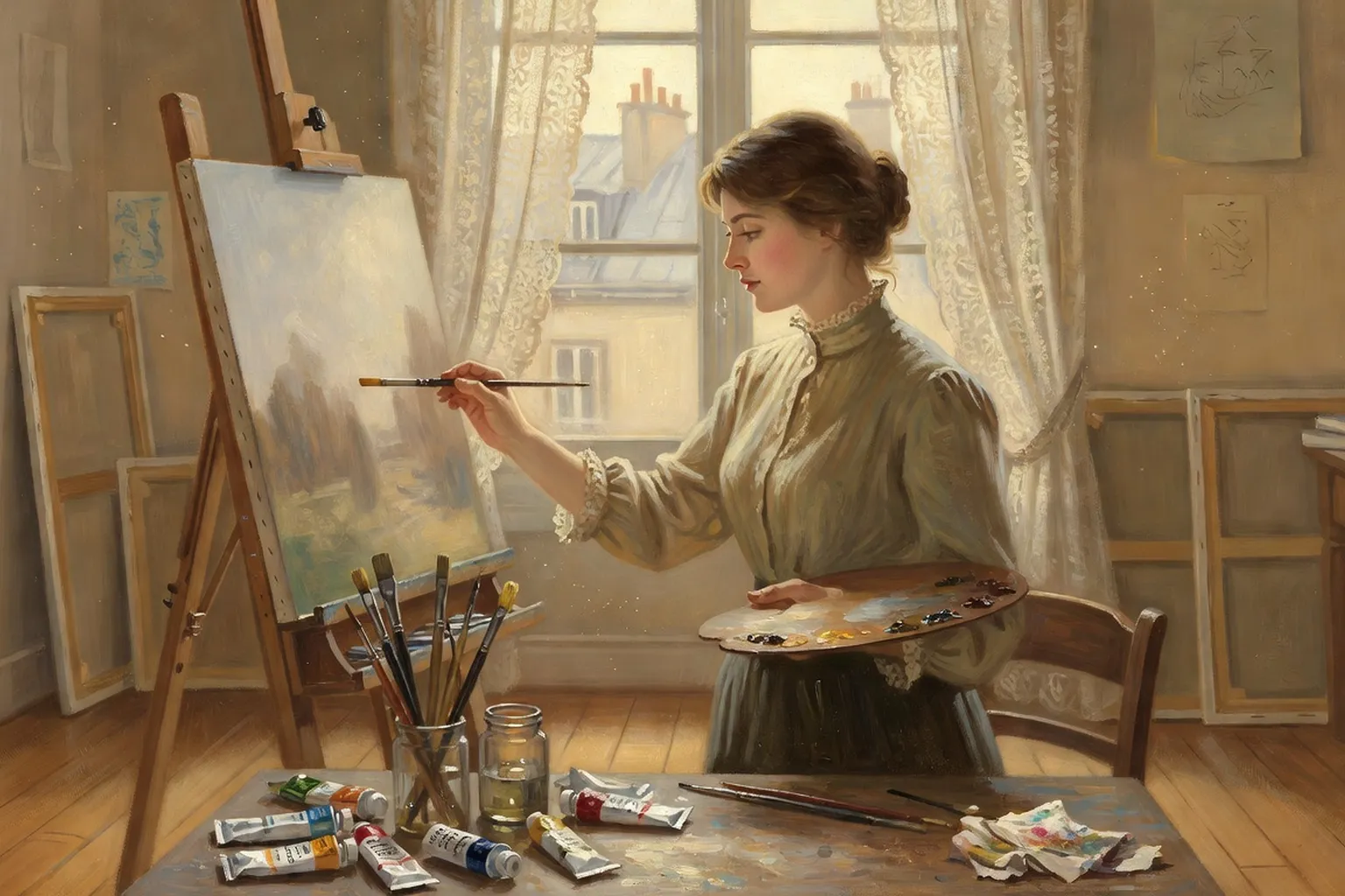 Atelier d'une peintre impressionniste à Paris dans les années 1870 près d'une fenêtre en dentelle