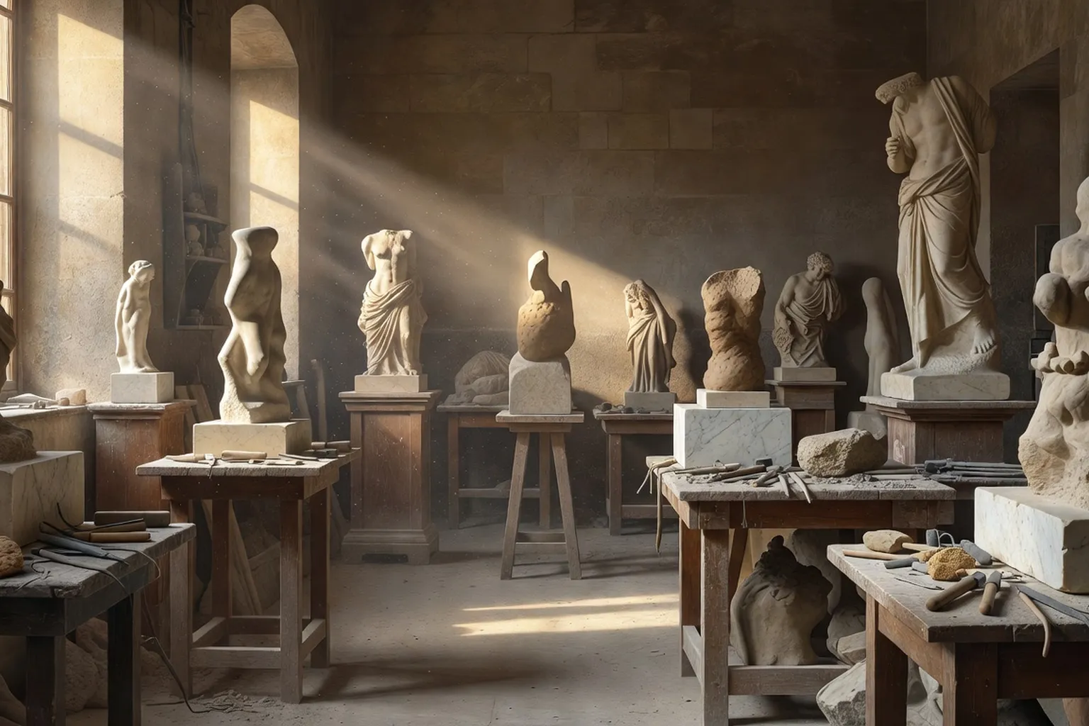 Atelier de sculpture parisien du XIXe siècle avec œuvres en marbre et argile
