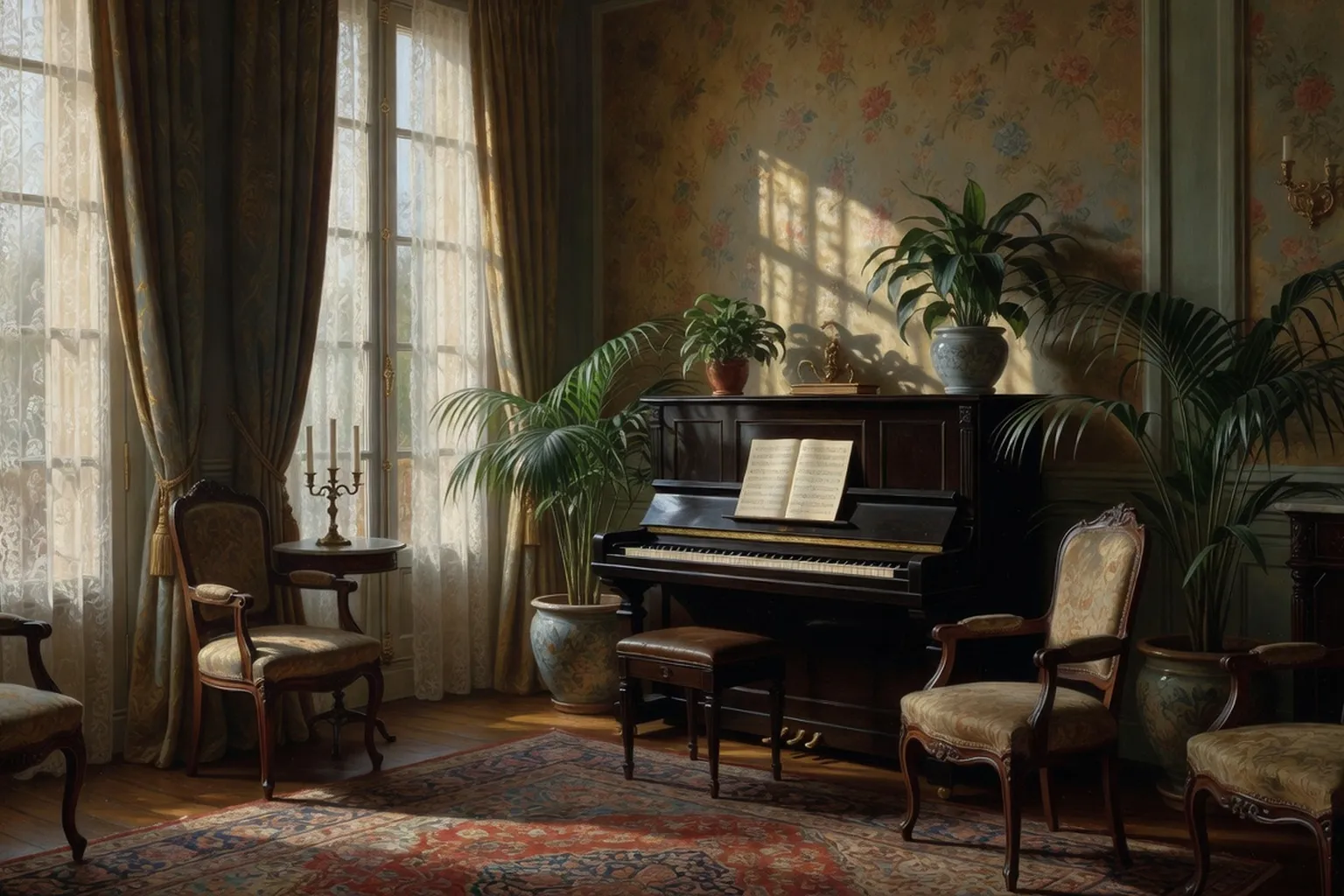 Salon de musique Belle Époque avec piano droit et partitions ouvertes à la lumière de l'après-midi
