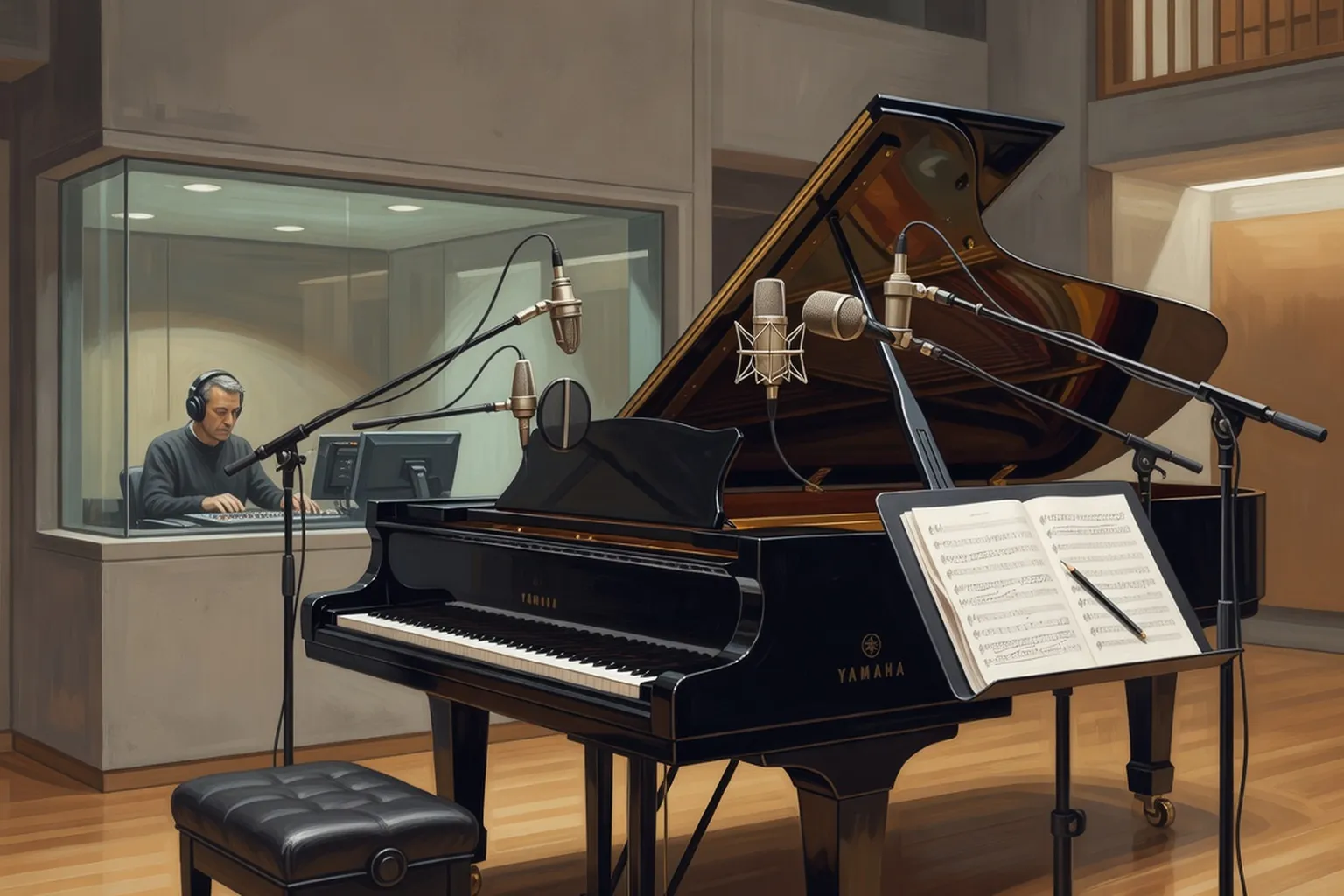 Session d'enregistrement à Paris avec piano de concert Yamaha sous microphones directionnels