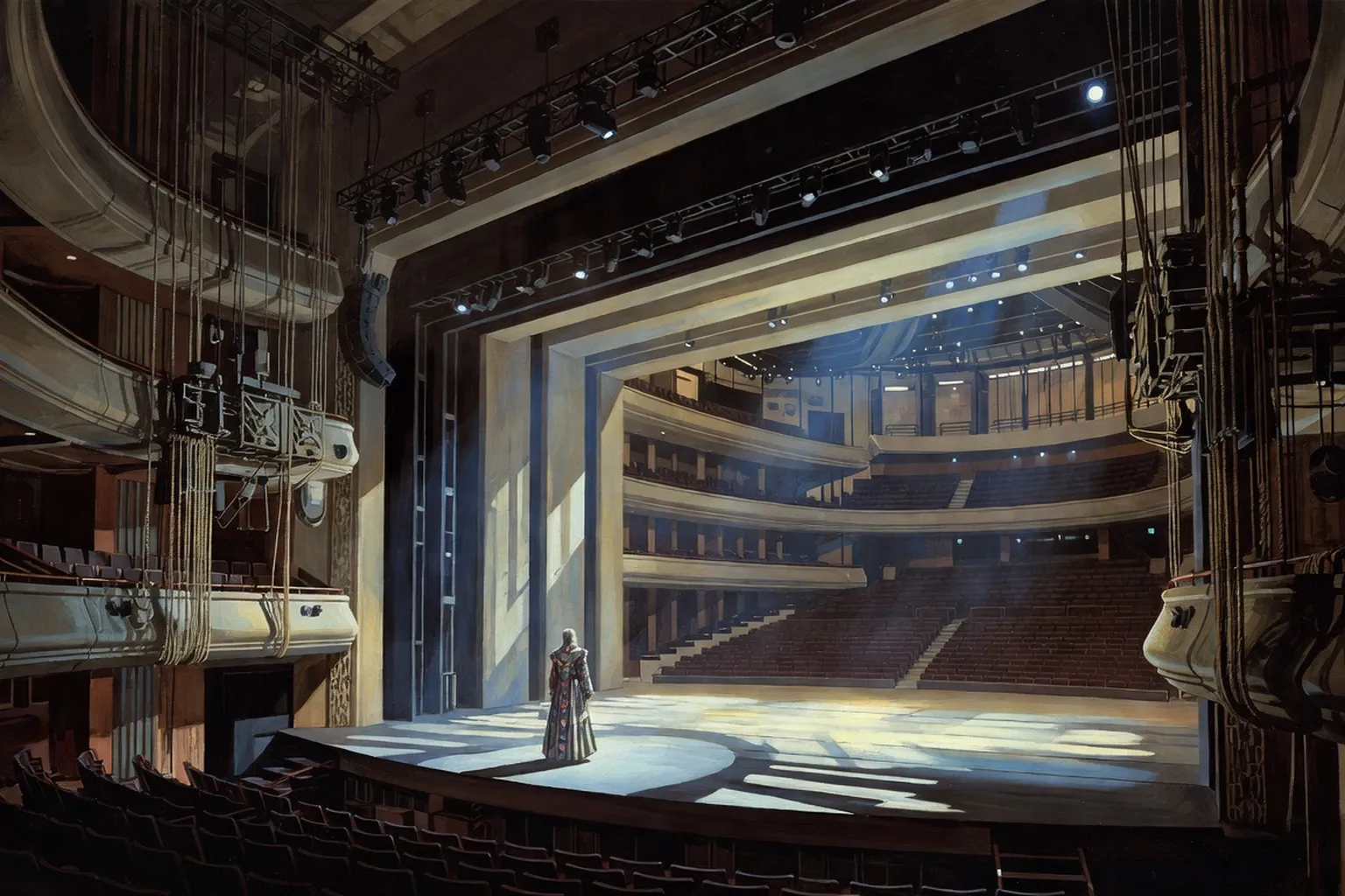 Scène de l'Opéra Bastille à Paris de nuit avec perspective profonde sur les coulisses