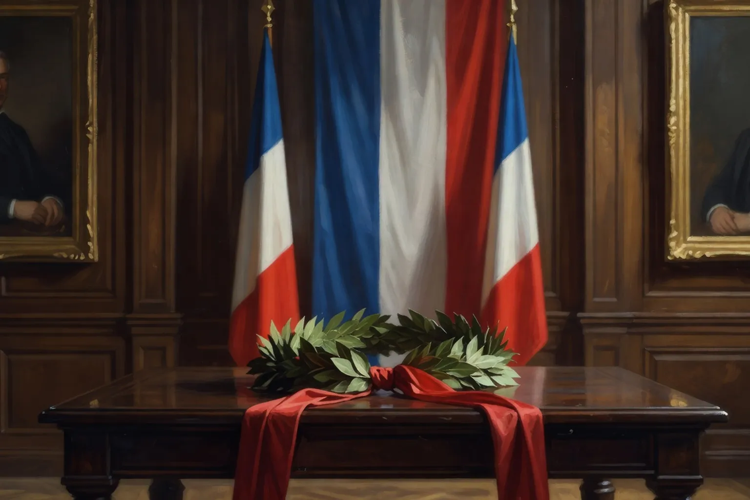 Salle de cérémonie républicaine française avec portraits et couronne de laurier