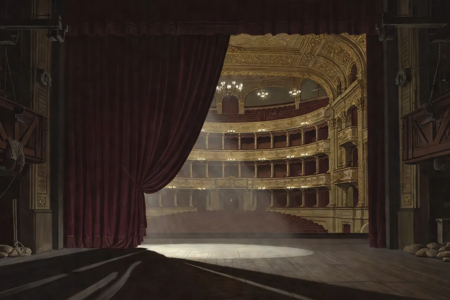 Scène d'opéra historique vue des coulisses avec rideau de velours et projecteur