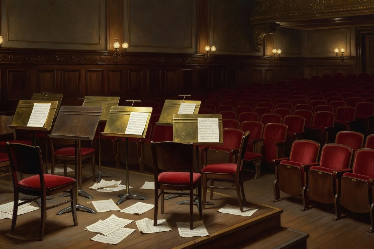 Salle de concert américaine du XIXe siècle avec pupitres et sièges en velours rouge