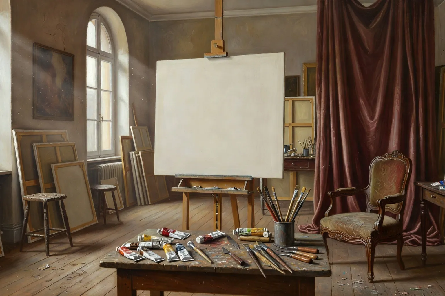 Atelier de peinture parisien inondé de lumière du nord avec toile sur chevalet