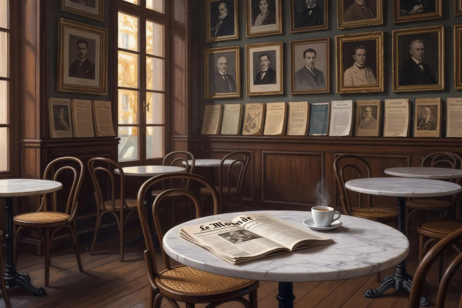 Café littéraire parisien avec murs couverts de couvertures de livres et portraits d'auteurs