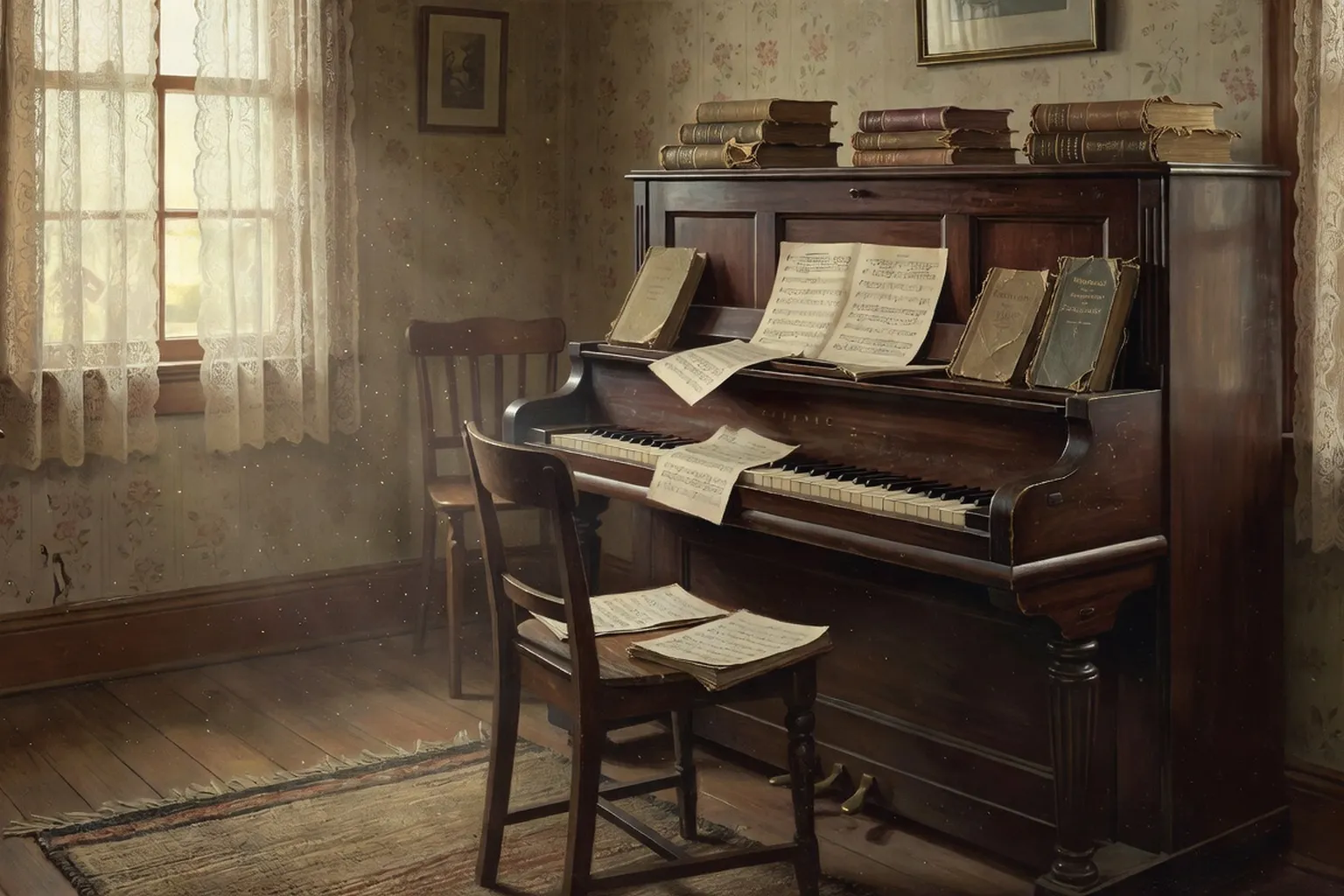 Salle de musique de Chicago dans les années 1930 avec piano droit et spirituals manuscrits