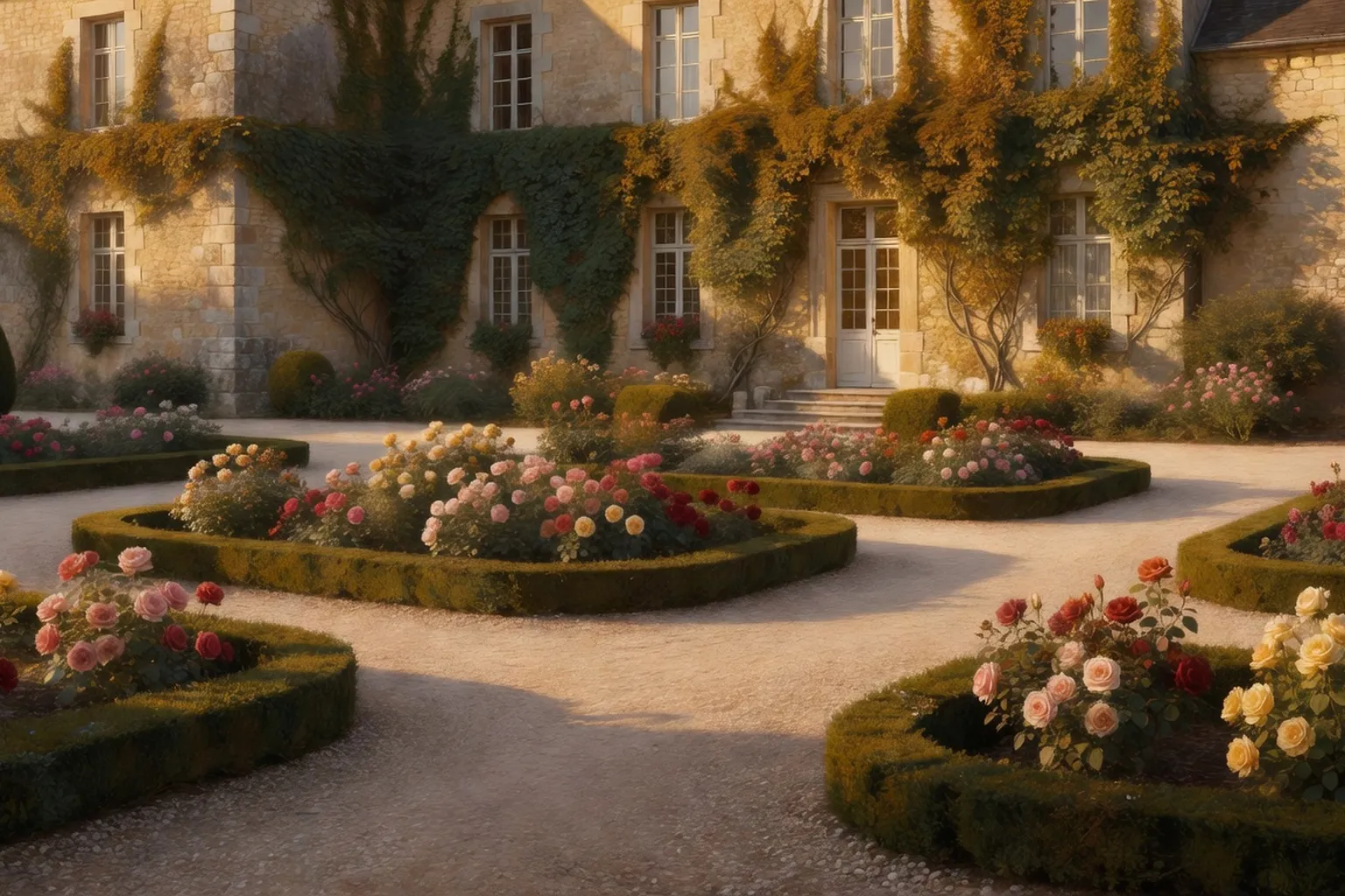 Manoir romantique en Berry avec jardins en gravier et roses à la lumière dorée