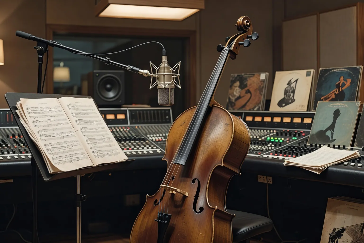 Session d'enregistrement en studio avec violoncelle ancien sous microphone et vinyles en fond