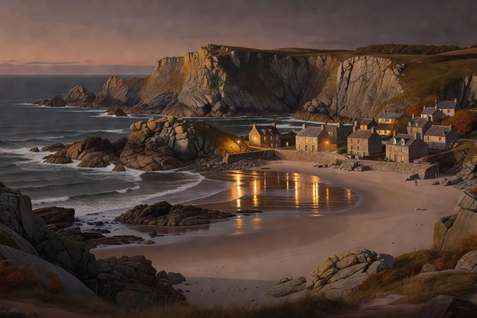 Paysage côtier breton au crépuscule avec falaises de granit et mer Atlantique sombre