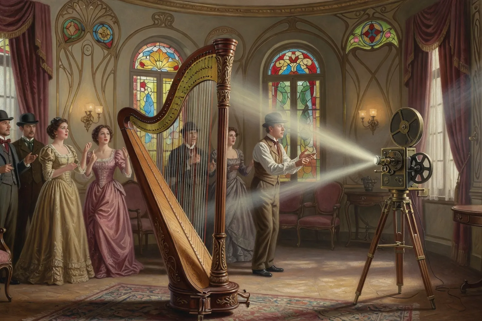 Plateau de cinéma muet des années 1910 avec harpe à pédales et projecteur