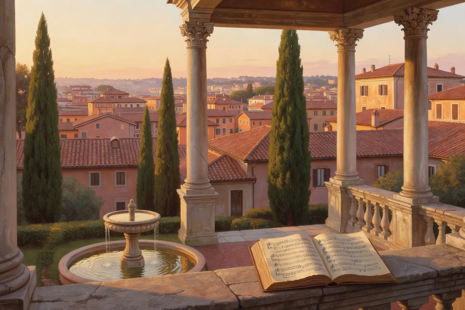Jardins de la Villa Médicis à Rome à l'heure dorée avec loggia Renaissance et cyprès