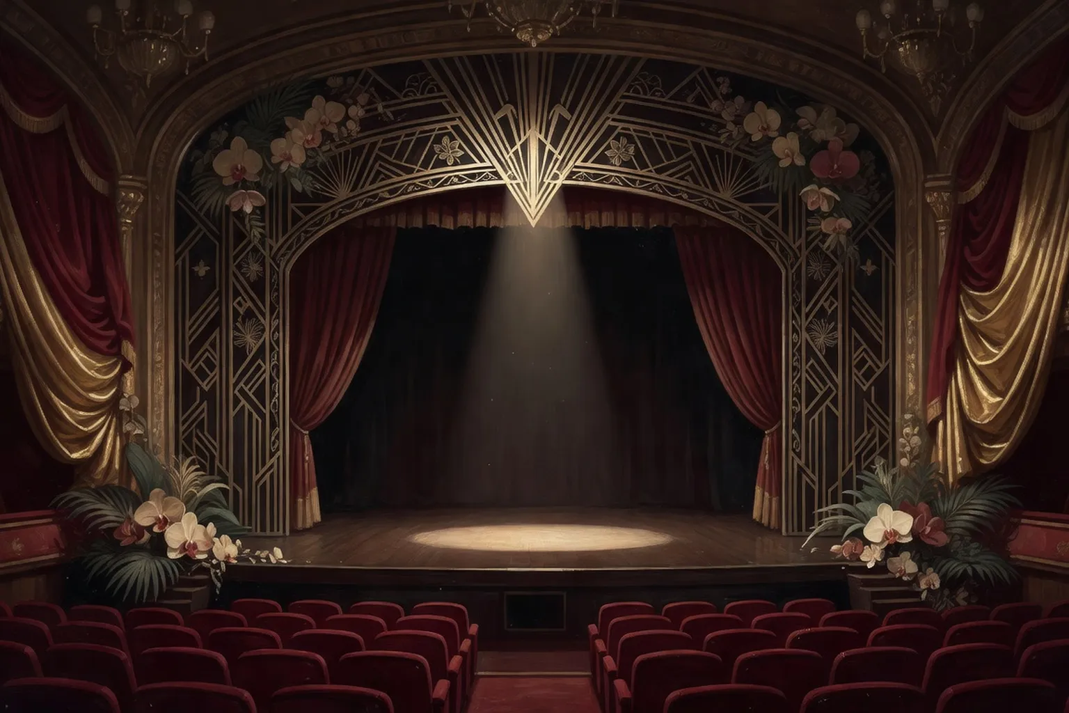 Scène de music-hall Art Déco parisien des années 1920 sous les projecteurs