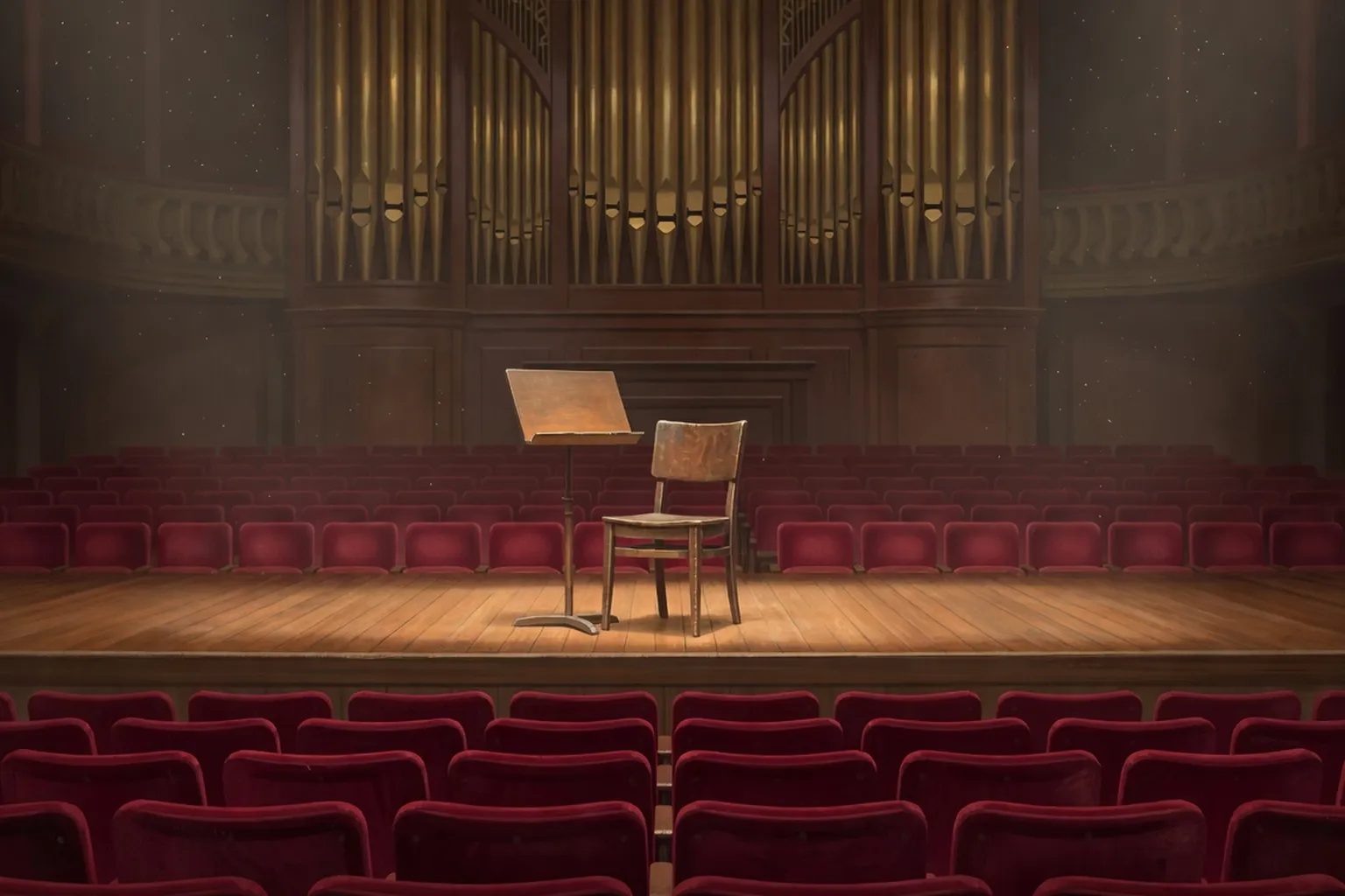 Salle de concert anglaise des années 1940 avec scène en bois et orgue de tuyaux