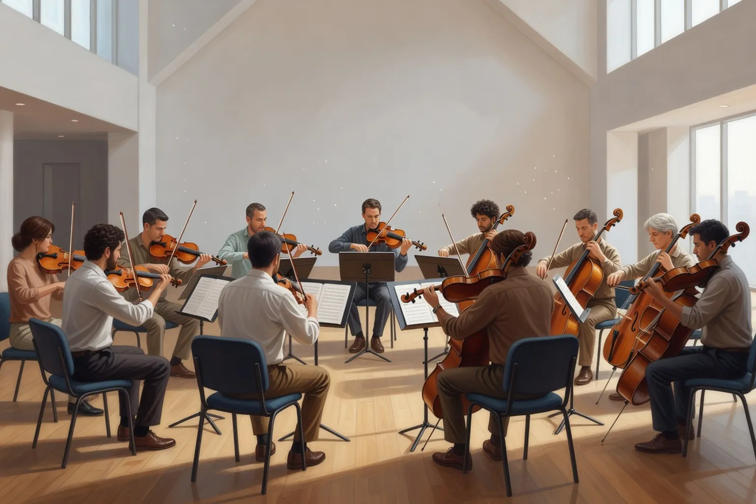 Répétition de musique de chambre contemporaine à Paris avec altos et violoncelles en cercle
