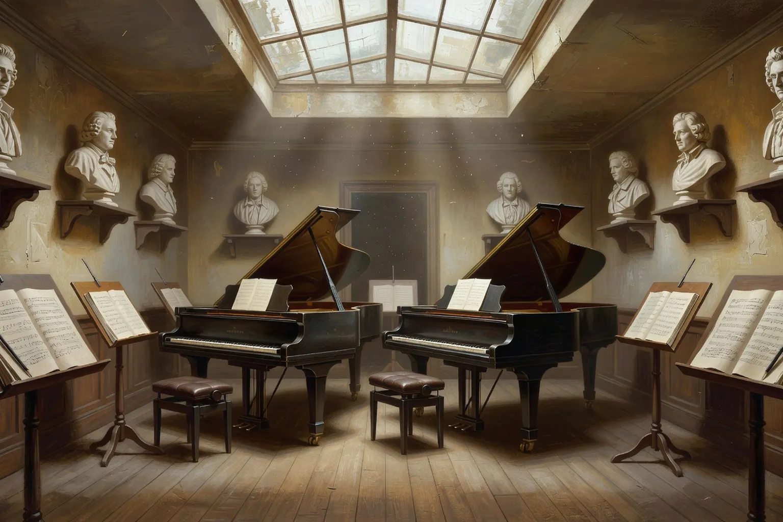 Salle du conservatoire parisien du début du XXe siècle avec deux pianos face à face