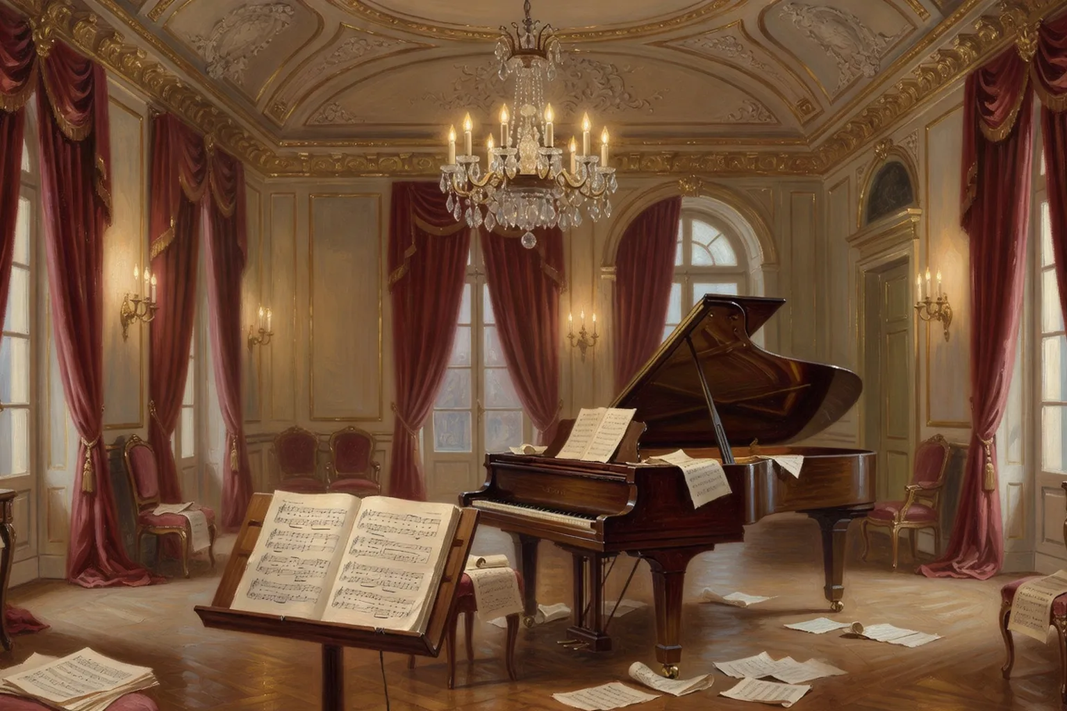 Salon de musique parisien du XIXe siècle avec piano à queue et partitions éparses