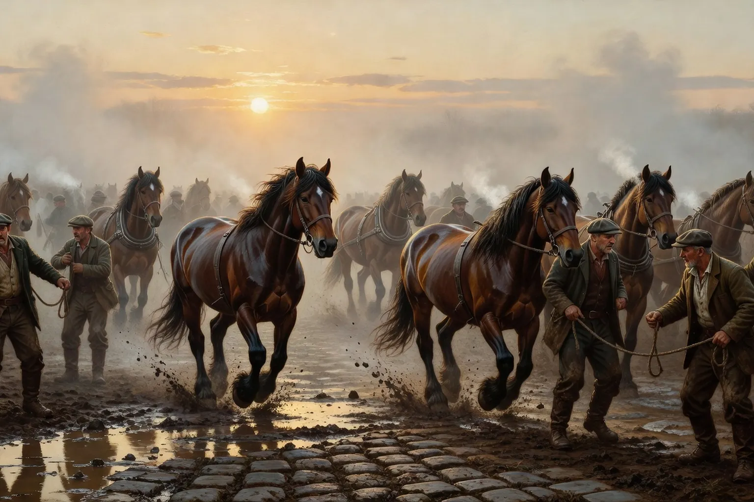 Marché aux chevaux au XIXe siècle avec chevaux de trait dans la brume matinale